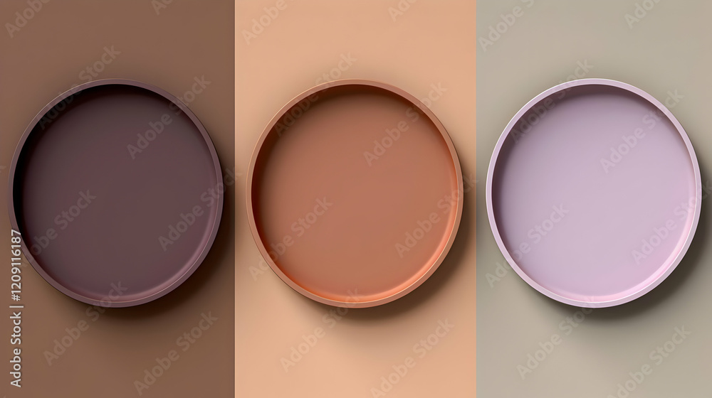 Fototapeta premium Three circular plates in muted colors against a smooth background.