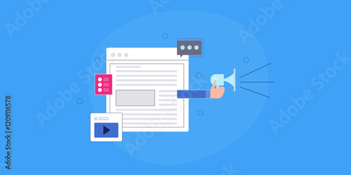 Content promotion campaign. Social media and digital marketing solution for internet business, online message communication and chat interaction concept.