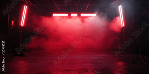 The dark stage shows, dark red background, an empty dark scene, neon light, and spotlights The concrete floor and studio room with smoke float up the interior texture for display products.