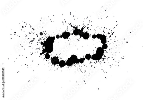 Dynamic black ink splatter with irregular spots and drips, isolated on a white background photo