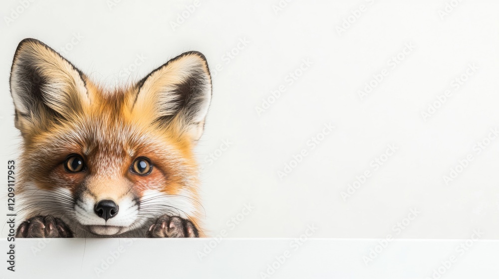 Obraz premium A red fox curiously peeks over a flat white surface, displaying its keen interest and playful personality in a serene environment