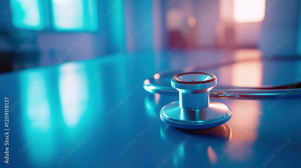 Medical Stethoscope on a Reflective Surface in a Clinical Setting Medical Stethoscope on a Reflective Surface in a Clinical Setting