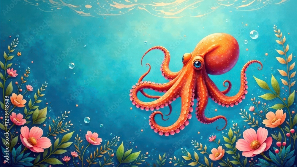 Oceanic Delight A Vibrant Underwater Scene Featuring a Playful Octopus Amidst a Flourishing Garden of Aquatic Blooms Oceanic Delight A Vibrant Underwater Scene Featuring a Playful Octopus Amidst a Flourishing Garden of Aquatic Blooms