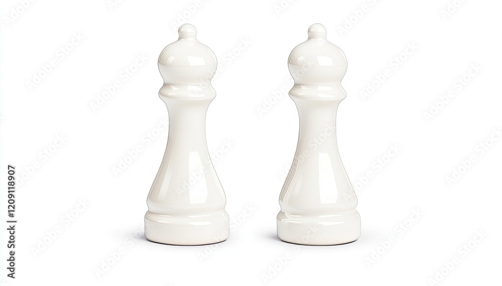 Two elegant white ceramic salt and pepper shakers positioned symmetrically on a clean surface Two elegant white ceramic salt and pepper shakers positioned symmetrically on a clean surface