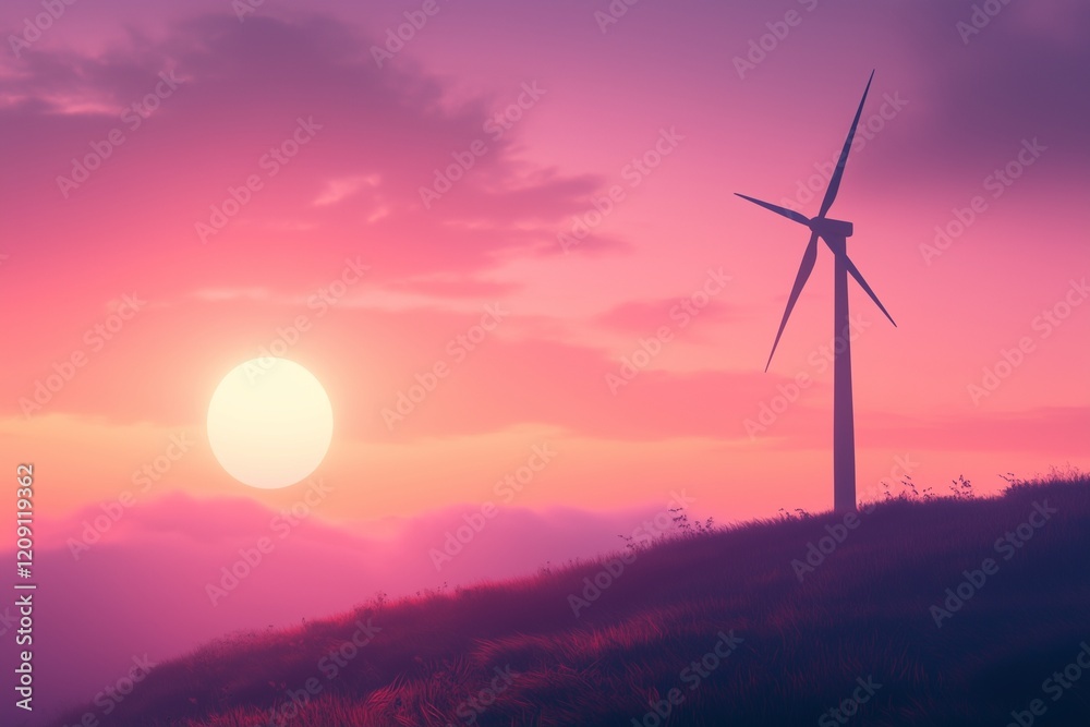 Obraz premium A wind turbine silhouetted against a vibrant, glowing sunrise on a coastal hill.