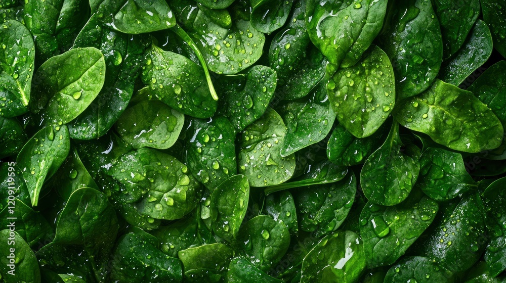 Top view. Background from fresh green spinach leaves with water drops. Texture of raw organic baby spinach close up. Food background. Top view. Background from fresh green spinach leaves with water drops. Texture of raw organic baby spinach close up. Food background.