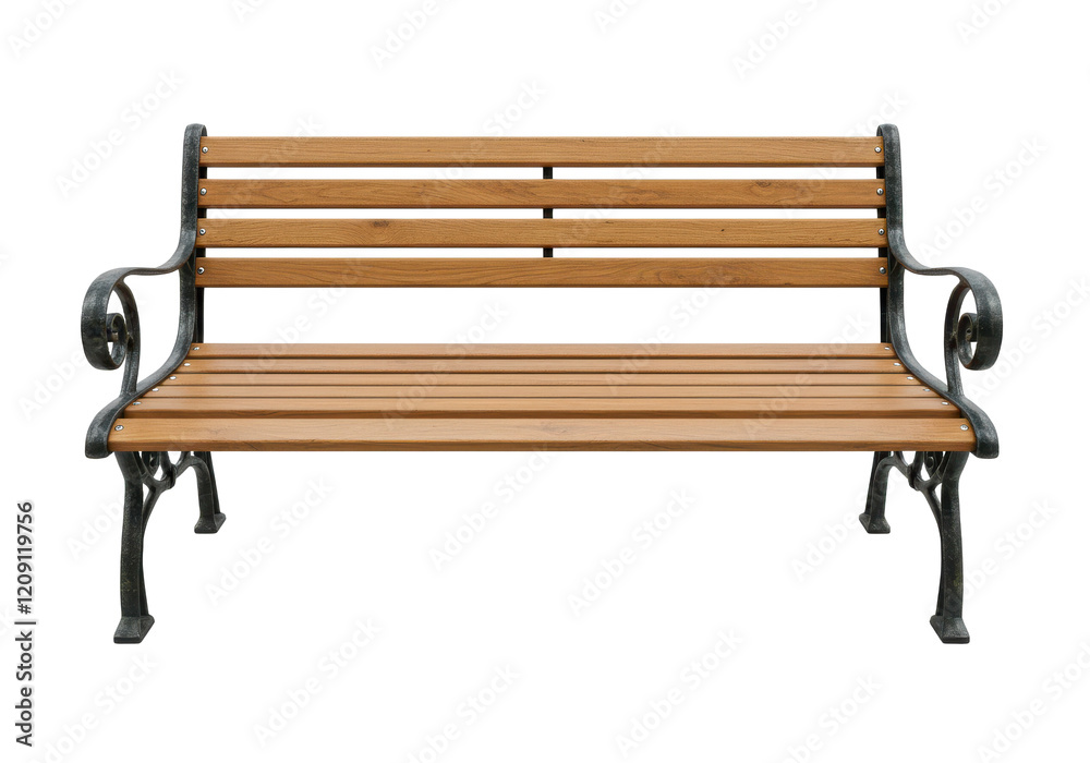 Classic wooden park bench with horizontal slats and decorative metal armrests, isolated on a white background Classic wooden park bench with horizontal slats and decorative metal armrests, isolated on a white background