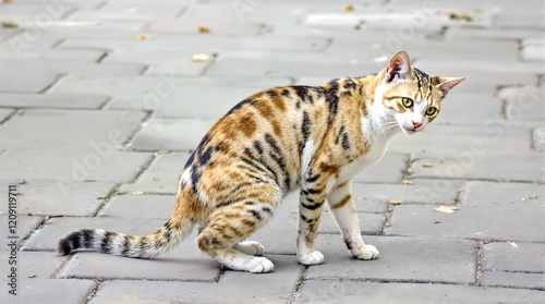 Stray Cat on Brick Walkway, Rustic Outdoor Photography for Urban Cat Lovers photo