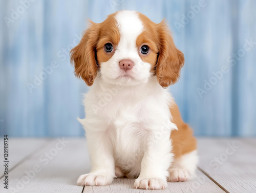 Adorable cavalier king charles spaniel puppy sitting on wooden floor with blue background