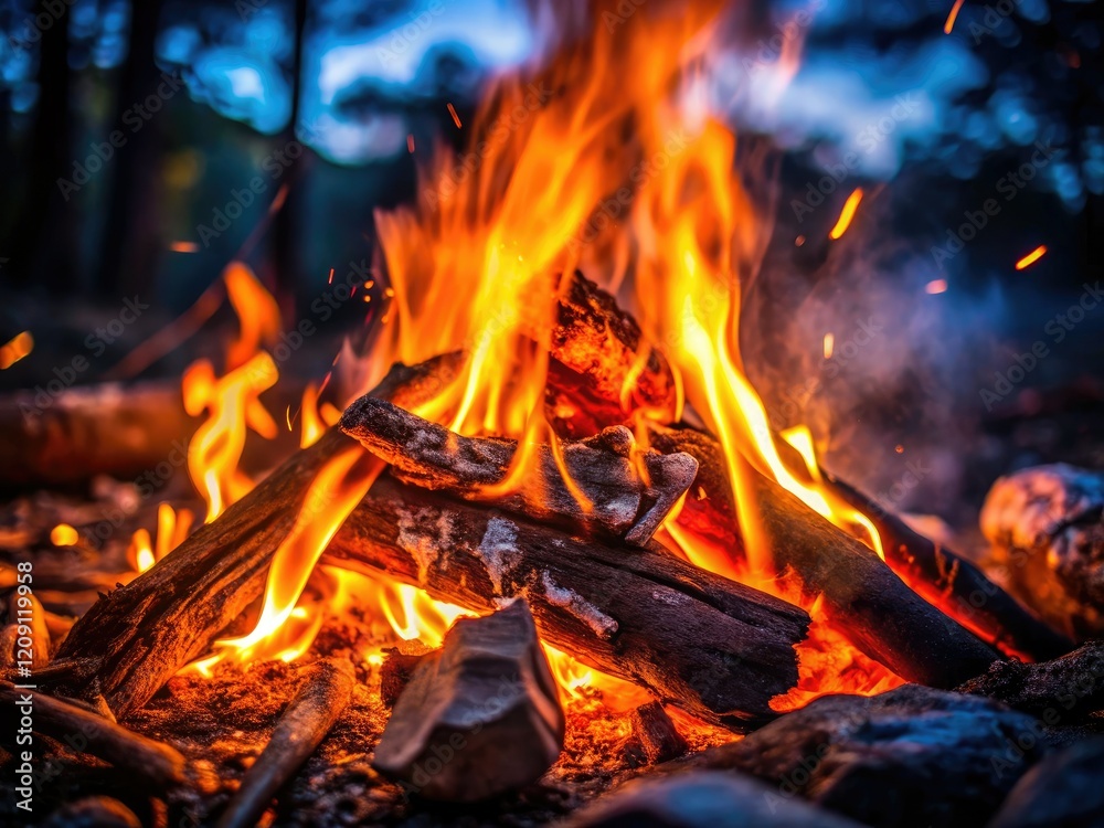 Slow-motion embers glow, a close-up nighttime fire pit, burning wood crackles softly. Slow-motion embers glow, a close-up nighttime fire pit, burning wood crackles softly.