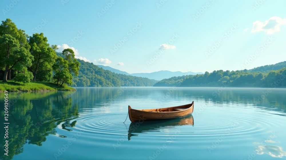 Obraz premium Serene Wooden Rowboat Gently Rocking on a Calm Lake Surrounded by Lush Green Foliage and Misty Mountains