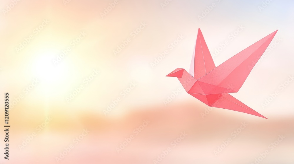 Pink Origami Bird Soaring in Soft Sunset Glow Pink Origami Bird Soaring in Soft Sunset Glow