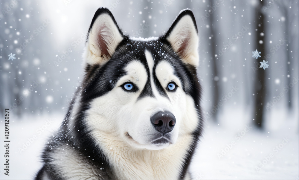 A stunning Siberian Husky in the midst of a winter wonderland, adorned with intricate snowflakes on its lustrous coat. A stunning Siberian Husky in the midst of a winter wonderland, adorned with intricate snowflakes on its lustrous coat.