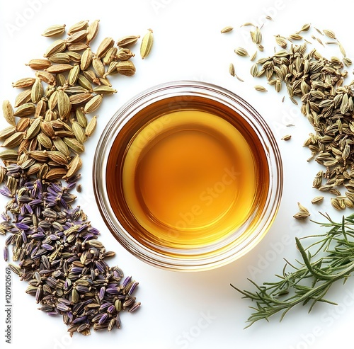 Close-up Herbal Tea with Coriander and Fennel Seeds on White Background Food Concept photo