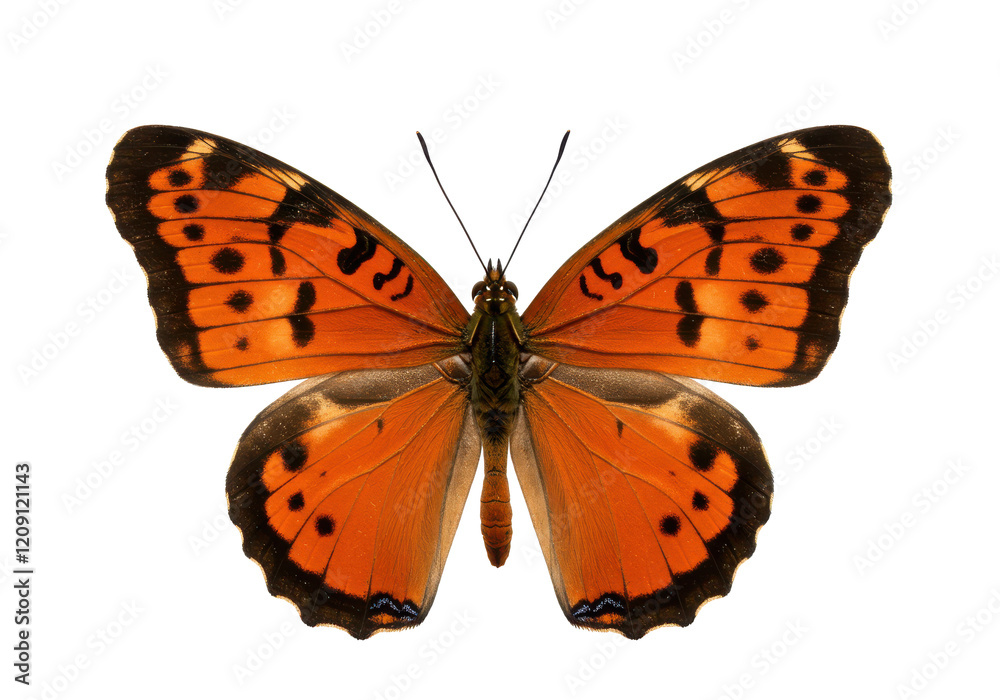 Obraz premium Vibrant orange and black butterfly with detailed wing patterns, isolated on a white background
