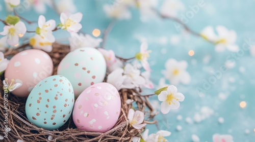 Colorful Easter eggs in soft hues are placed in a nest surrounded by delicate flowers and soft light, celebrating springtime beauty