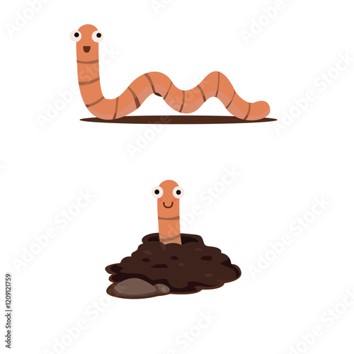Two cartoon worms, one fully above ground and the other partially emerging from a pile of soil. Both worms are happy and smiling.