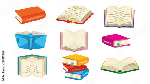 Nine different illustrations of books, including closed, open, and stacked books in various colors and styles.
