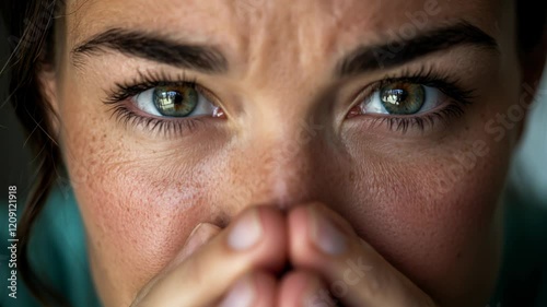 Sad depressed desperate grieving crying woman with folded hands and tears eyes during trouble, life difficulties, fear, paranoia, depression and mental emotional problems