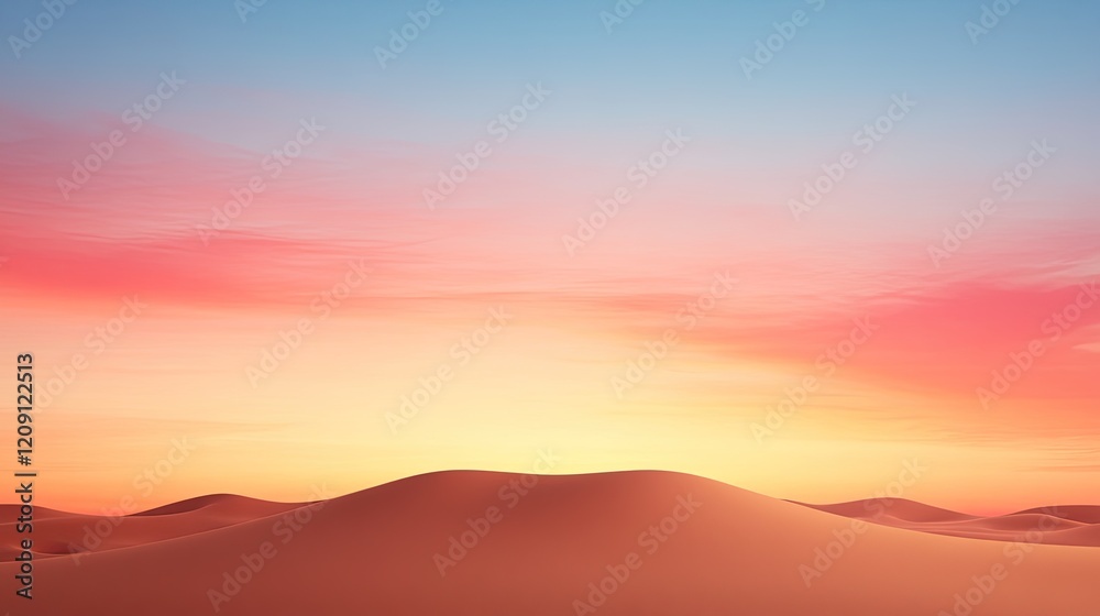 Serene sunset over rolling sand dunes in a vast desert landscape with colorful sky Serene sunset over rolling sand dunes in a vast desert landscape with colorful sky