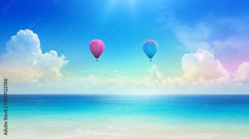 PinkAndBlueHotAirBalloonsOverTropicalOceanSeascape PinkAndBlueHotAirBalloonsOverTropicalOceanSeascape