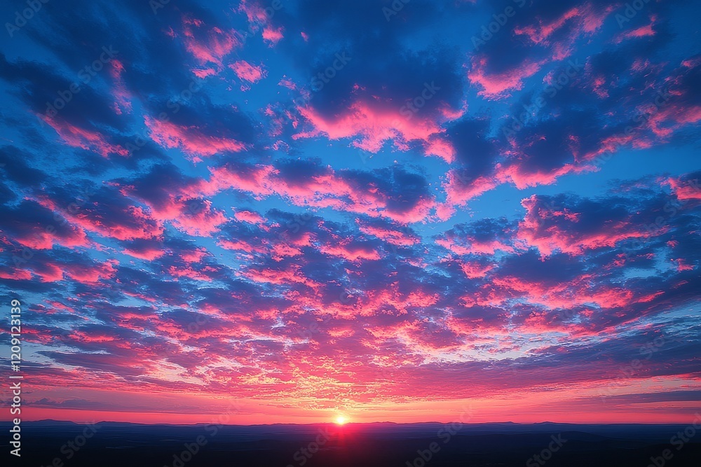 Vibrant sunset sky with intricate cloud patterns, captured from an elevated perspective overlooking distant hills under a clear evening sky. Vibrant sunset sky with intricate cloud patterns, captured from an elevated perspective overlooking distant hills under a clear evening sky.