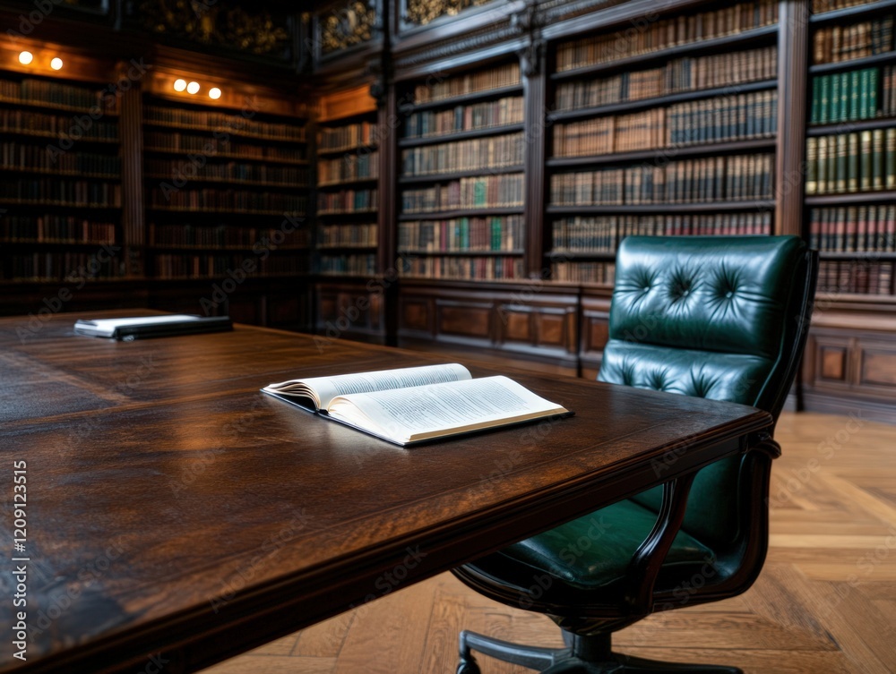 Serene Study: Open Book on Antique Wooden Desk in a Grand Library Serene Study: Open Book on Antique Wooden Desk in a Grand Library
