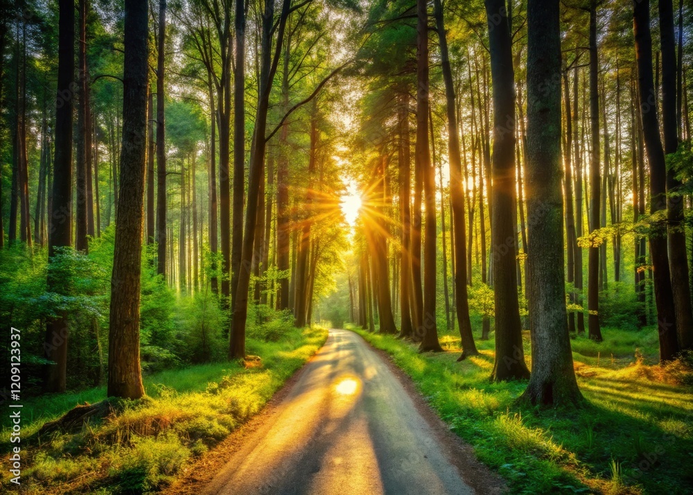 Sunlit forest path, a minimalist nature scene of peaceful woodland walk. Sunlit forest path, a minimalist nature scene of peaceful woodland walk.