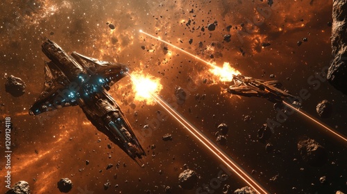 An interstellar battle between two spaceships, AI Generative.