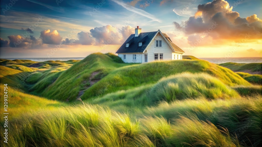 Surreal Danish coast: White dune house merges with grassy foreground in a double exposure.