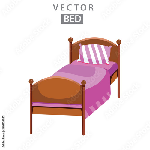 bed with a wooden frame, a pink blanket, and a striped pillow, depicted in a cartoon-style vector illustration.