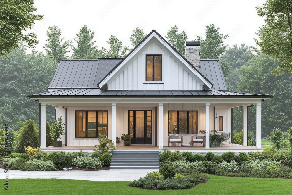 Charming Modern Farmhouse with Symmetrical Front Porch Surrounded by Lush Green Trees and Soft Natural Lighting Charming Modern Farmhouse with Symmetrical Front Porch Surrounded by Lush Green Trees and Soft Natural Lighting