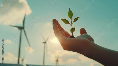 Clean energy wind turbine holding plant on hand Renewable and Sustainable Resources. Environmental and Ecology Care 