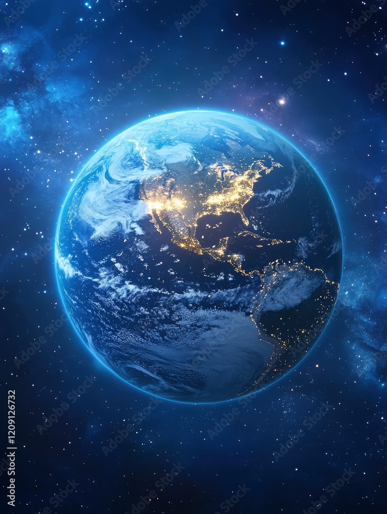 Fototapeta premium A wide shot of the Earth from space at night, with lights glowing on the city and urban areas around it, against a dark blue sky. The scene has an atmospheric and cinematic feel.