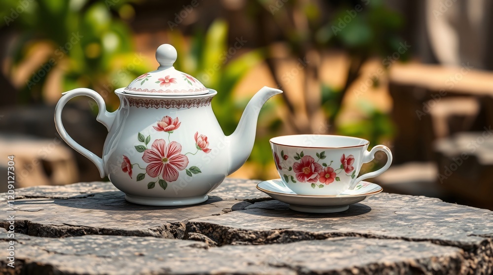Elegant floral teapot and teacup set displayed outdoors on a rustic table Elegant floral teapot and teacup set displayed outdoors on a rustic table