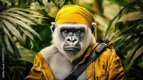 Serious silverback gorilla wearing yellow pirate attire amidst lush green foliage. photo