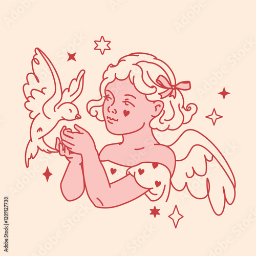 Retro coquette angel girl with delicate, curly hair and bird. Lovely retro motifs in flirty blush pink hue. Gentle dove and amour evoke sense of connection, romantic mood. Clear neutral pastel graphic