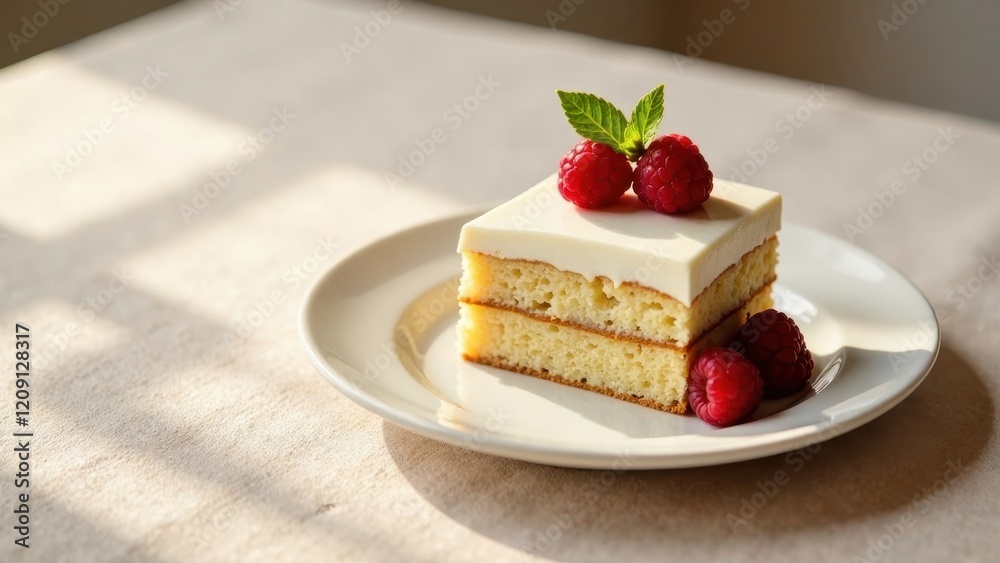 Creamy layered dessert with fresh raspberries and mint garnish on a plate Creamy layered dessert with fresh raspberries and mint garnish on a plate
