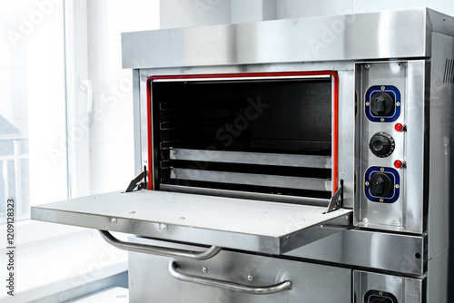 Industrial baking oven with open door and visible interior racks in a modern kitchen environment