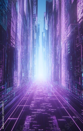 An infinite futuristic cityscape made of glowing purple and blue wire frame structures  forming digital skyscrapers  atmosphere technology
