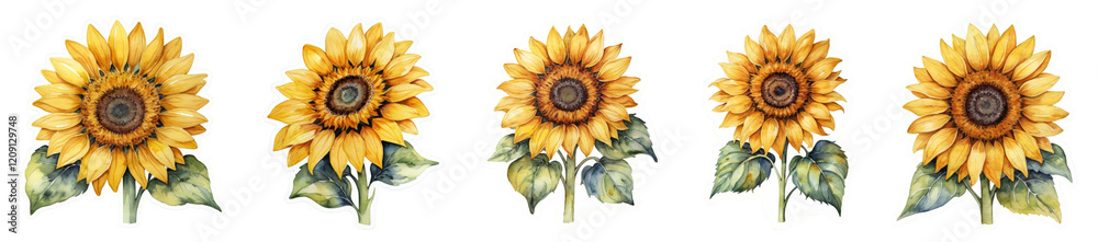 Naklejka premium Watercolor Illustration, sunflower sticker, Transparent background, PNG set