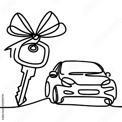 Car keys with a bow and a car, vector, black line drawing, minimalistic, single line, simple line, isolated, transparent background