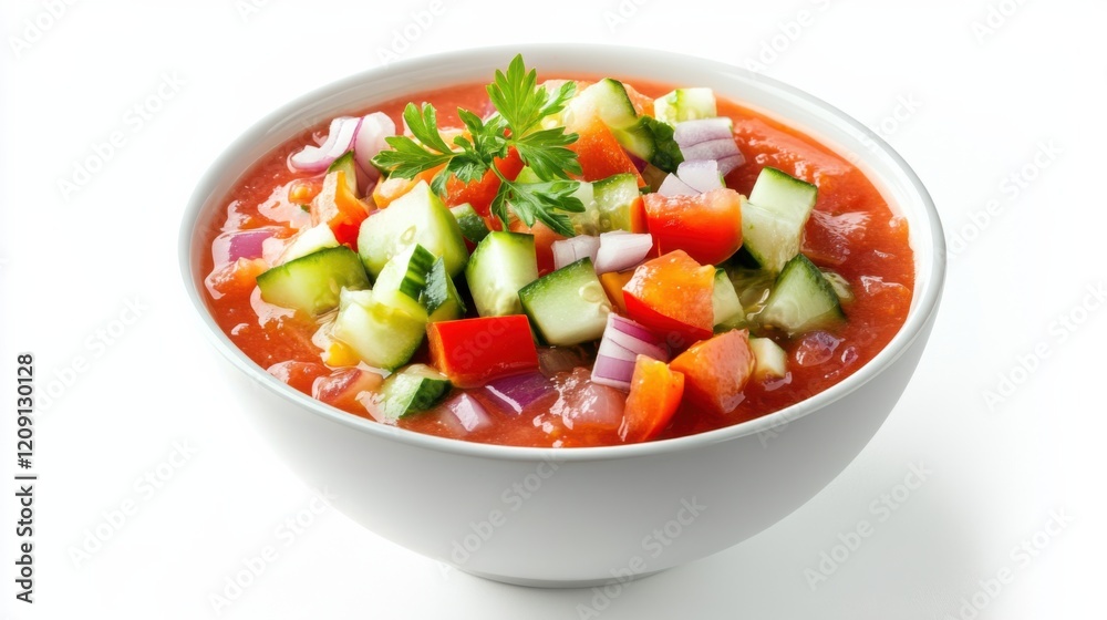 A bowl of refreshing gazpacho soup with ripe tomatoes, cucumbers, peppers A bowl of refreshing gazpacho soup with ripe tomatoes, cucumbers, peppers
