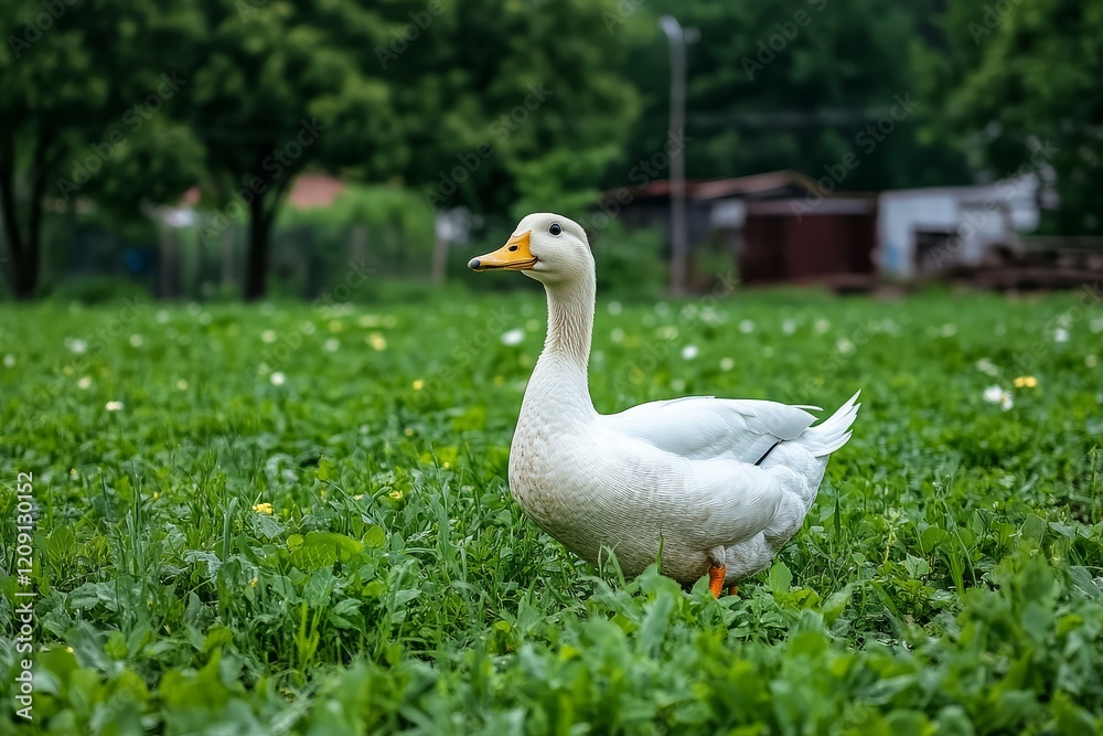 White duck eating grass on a farm, high-definition photograph, nature and rural life concept. White duck eating grass on a farm, high-definition photograph, nature and rural life concept.