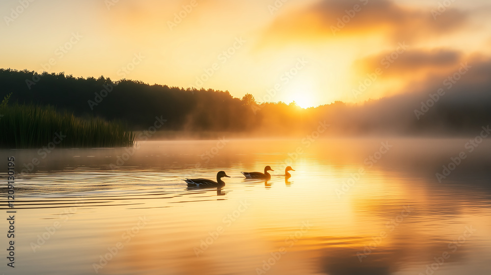Three ducks swimming serene lake with sunrise and mist creates golden atmosphere, showcasing beauty of morning Three ducks swimming serene lake with sunrise and mist creates golden atmosphere, showcasing beauty of morning