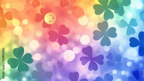 Rainbow Clover Background with Golden Shamrock Coin