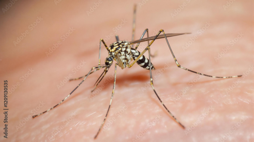 Close-up of a mosquito feeding on human skin Close-up of a mosquito feeding on human skin