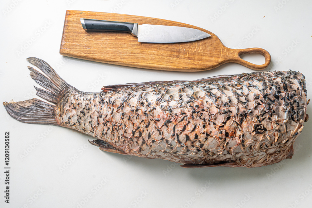 Obraz premium Gutted carp fish, headless on a white table with a cutting board and a knife.