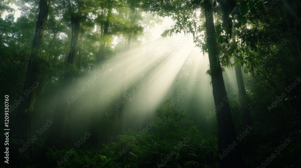 Obraz premium Sunlight pierces through lush green trees in tranquil forest, creating dreamy, ethereal scene, nature at its most peaceful
