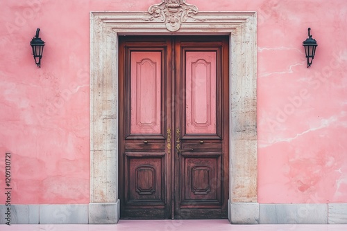 Antique door with weathered paint and ornate details, centered on a soft pink marble surface.